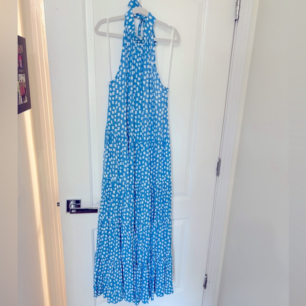 Fresha London Halter Maxi Dress with Bow in Blue and White Brush Strokes